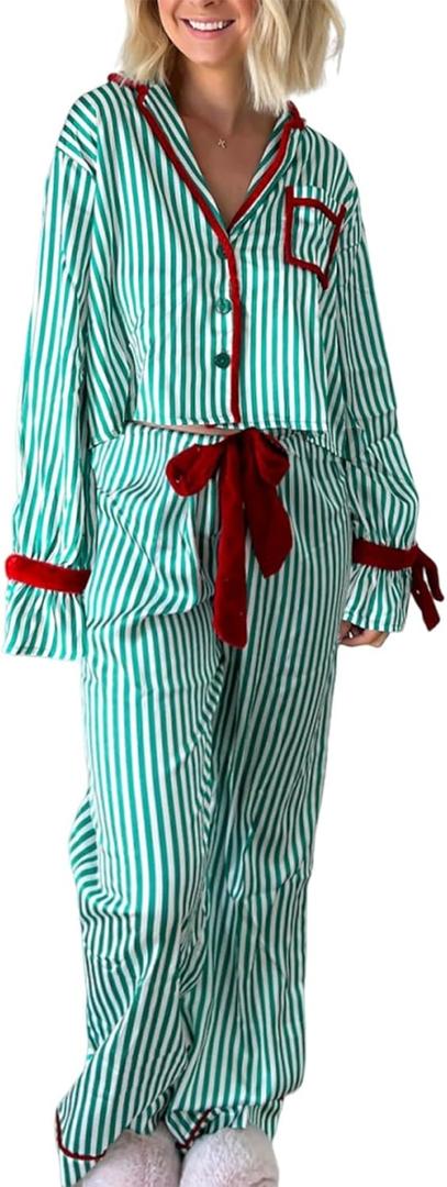 Argeousgor Women Christmas Satin Pajamas Striped 2 Piece Pjs Set Long Sleeve Button Down Shirt Bow Tie Shorts Sleepwear (S)