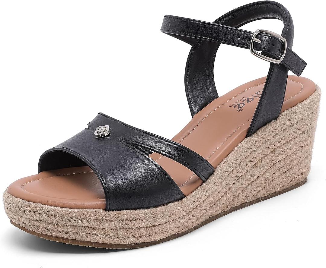 Ruiee Womens Wide Width Wedge Sandals. | Wide Width, Summer Platform, Espadrille Wedge Heels, Ankle Strap, Open Toe (Black)