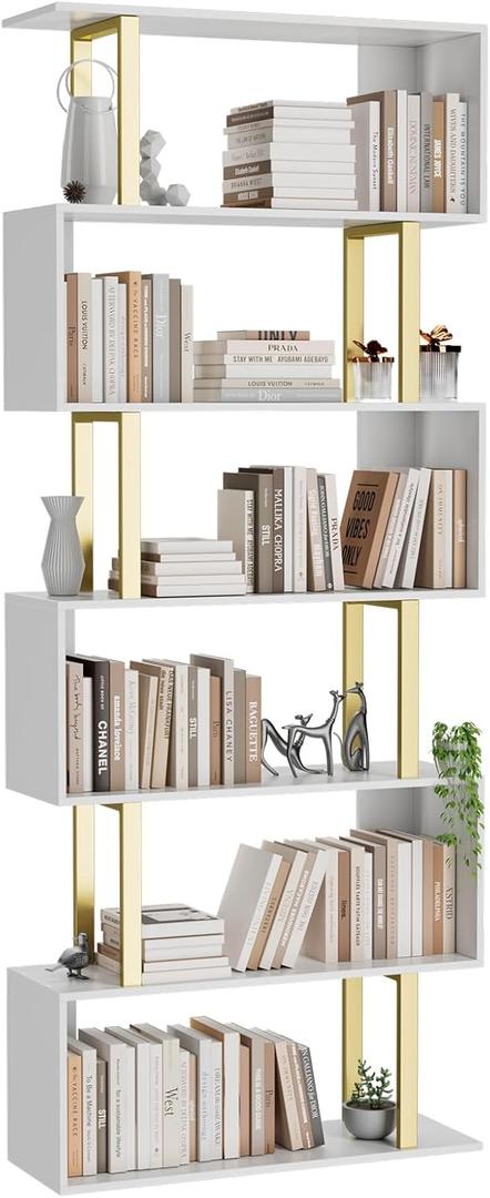 Gadroad 6-Tier Geometric Bookcase,S Shaped Bookshelf, Wood Decorative Storage Shelving, Modern Freestanding Display Shelves, Tall Book Shelf Unit for Living Room Bedroom (27.56"W x 74.2"H, Gold)
