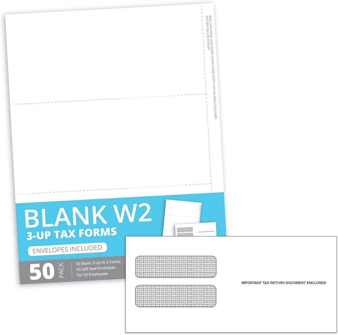 Blue Summit Blank W2 3 Up Tax Forms 2025, W2 Perforated Paper 50 Employee Sets, Ideal for E-Filing, Compatible with Quickbooks and Laser or Inkjet Printers, 50 Sheets and Self Seal Envelopes