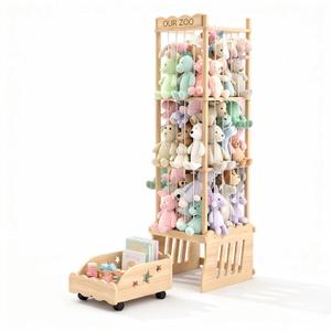 Stuffed Animal Storage Tower, Wooden Zoo Toy Organizer with Rolling Drawer | Solid pine wood. Lockable rolling drawer doubles as ride-on seat. Tall narrow fits small space for nursery playroom bedroom