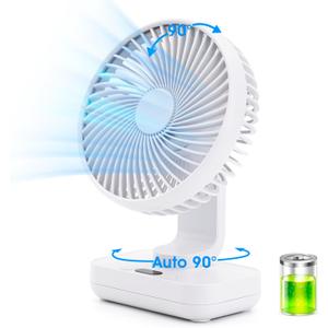 Oscillating Table Fan Small Oscillating Fan for Bedroom/Indoor/Outdoor Ultra Quiet Mini Desk Fan Auto 90 Rotated 4 Speeds 5in Wall Mounted Cordless Portable Rechargeable (White)
