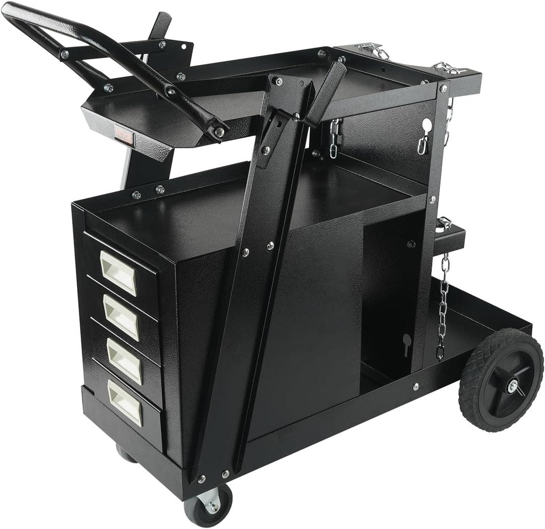 VEVOR Welding Cart, 2-Tier 4 Drawers Welder Cart with 265 LBS Weight Capacity, 360 Swivel Wheels, Tank Storage Safety Chains, Heavy Duty Rolling MIG Welder Cart for Mig Welder and Plasma Cutter