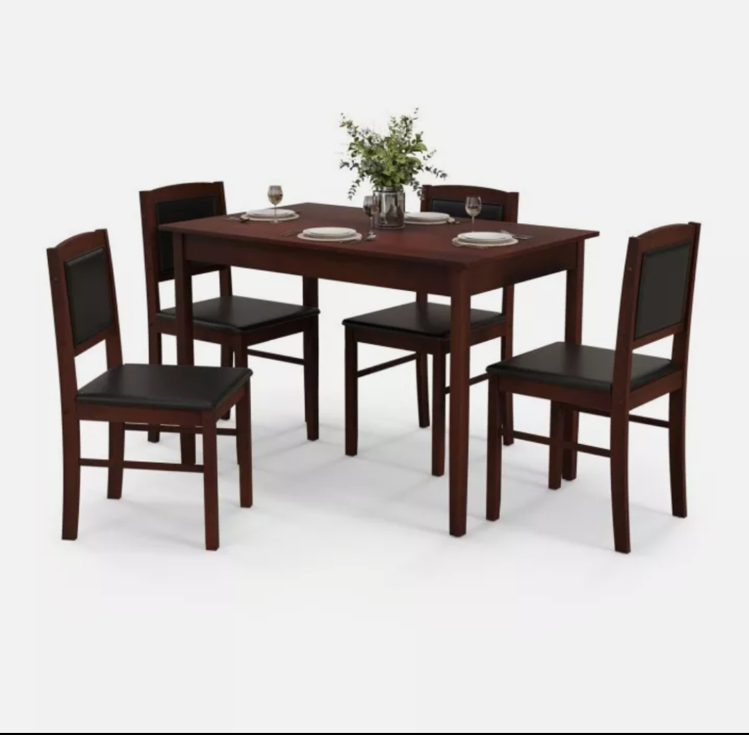 5-PCS Dining Room Set Kitchen 4 Person Dining Rectangle Table W/ Rubberwood Legs, The table measures 45" x 28" x 30" (L x W x H), and the chair measures 16" x 18" x 34" (L x W x H).