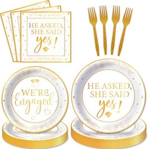 100Pcs Happy Engagement Party Decorations White Gold Engaged Tableware Set She Said Yes Paper Plates Napkins Forks for 25 Guests Engagement Wedding Disposable Dinnerware Table Party Supplies Favors