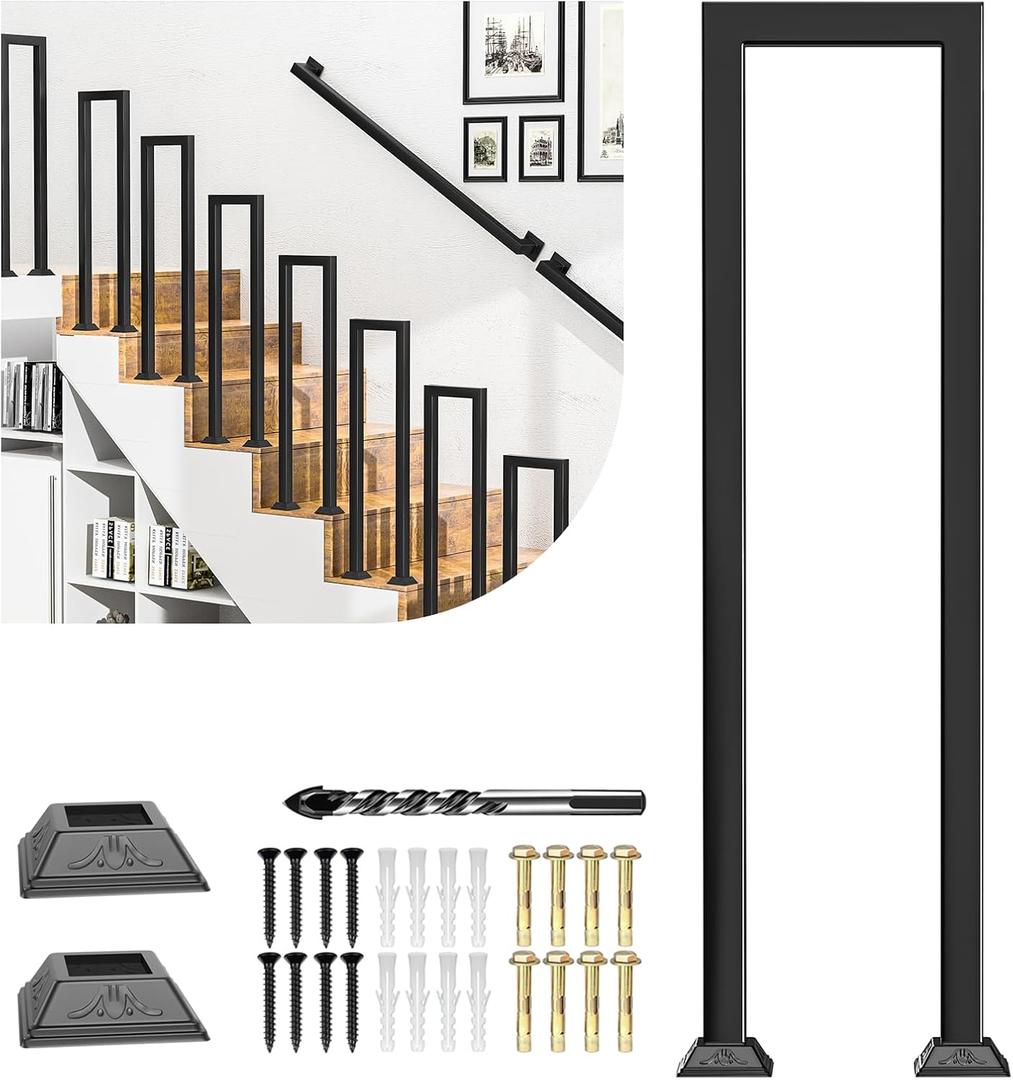 Stair Guardrail, Indoor & Outdoor Step Handrail, Porch Handrail and Deck Fence, Black Metal Staircase Railing, with Decorative Cover (30IN/76CM)
