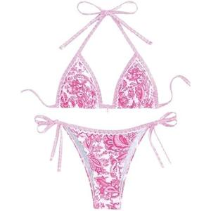 WDIRARA Women's 2 Piece Boho Swimsuits Floral Print Halter String Triangle Bikini Set Beach Bathing Suit, S