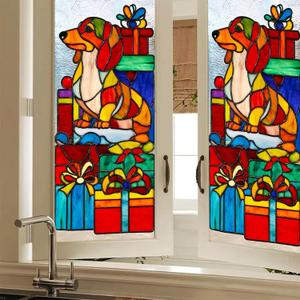 HOMETITUTE Dog with Gifts Stained Glass Privacy Film Christmas Decorative Window Static Cling Glass Sticker for Home Office Bathroom Bedroom Living Room 17.7 x 39.3 Inch