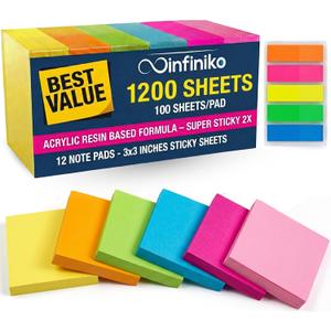 Sticky Notes 3x3 (12 Pads/1200 Sheets)  2026 Improved Adhesive, Super Sticky & Bright Neon Colors  1200 Sheets  Ideal for School, Office & Desk Supplies