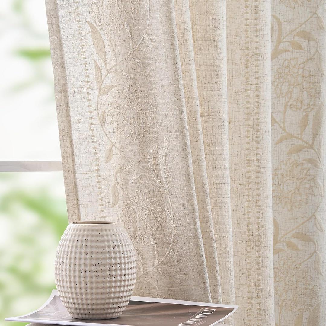 jinchan Winslow Linen Curtains 96 Inches Long for Bedroom Linen Blended Embroidered Floral Curtains for Living Room Farmhouse Decor Light Filtering Window Treatments Ivory on Beige Drapes 2 Panels