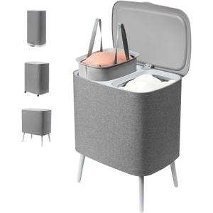 Large Collapsible Laundry Basket: with Handles & Legs  Heavy Duty Foldable Laundry Hamper 2-Section Organizer Tall Dirty Clothes Basket for Home Dorm Laundry Baskets (GREY, 60L)
