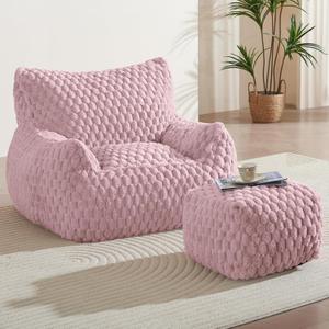 Bean Bag Chair with Ottoman - Modern Comfy Beanbag Sofa with Footrest, Soft Faux Fur Lounger Chair for Adults Teens, Cozy Memory Foam Filled Gaming Reading Chairs for Bedroom, Living Room (Dusty Pink), Large