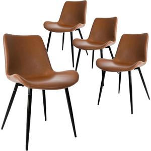 CangLong Dining Chairs Set of 4, Faux Leather Dining Room Chairs with Comfy Upholstered Seat, Modern Kicthen Chairs Armless Accent Chairs with Black Legs for Restaurant, Living Room, Brown
