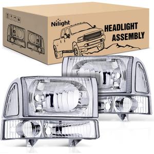 Nilight Headlight Assembly 1999 2000 2001 2002 2003 2004 F250 F350 F450 F550 Super Duty,Headlights Assembly Replacement,Chrome Housing Clear Corner Clear Lens,4 Pack