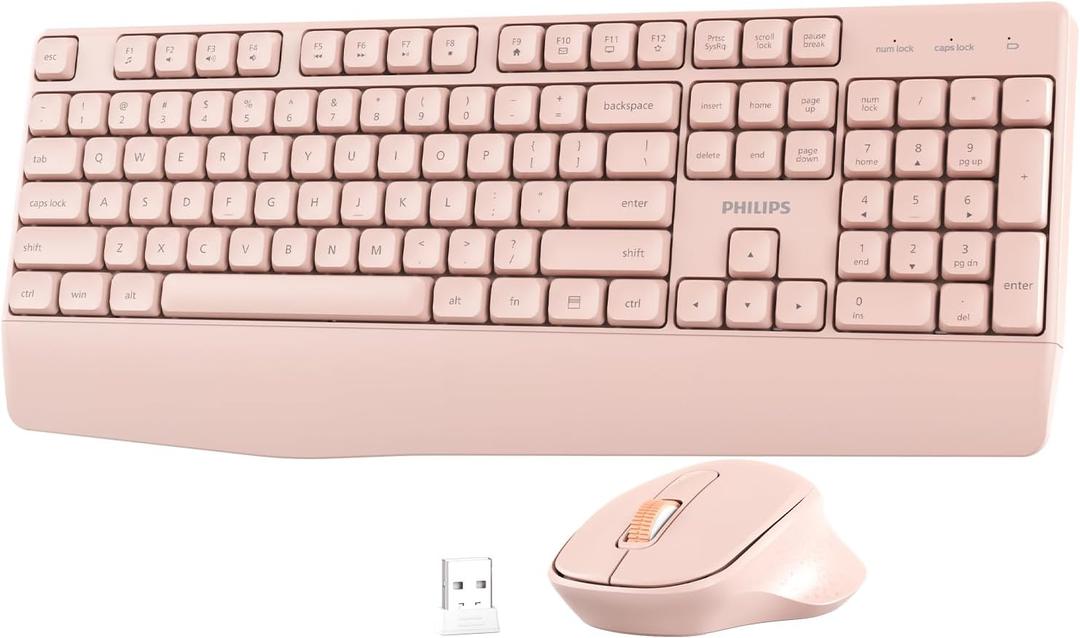 PHILIPS Wireless Keyboard and Mouse Combo-Ergonomic Keyboard and Mouse Wireless Combo with Silent Design,Plug n' Play,Sleep Mode and 2.4GHz Keyboard for Mac, Windows, Laptop-Pink (Jet Black)