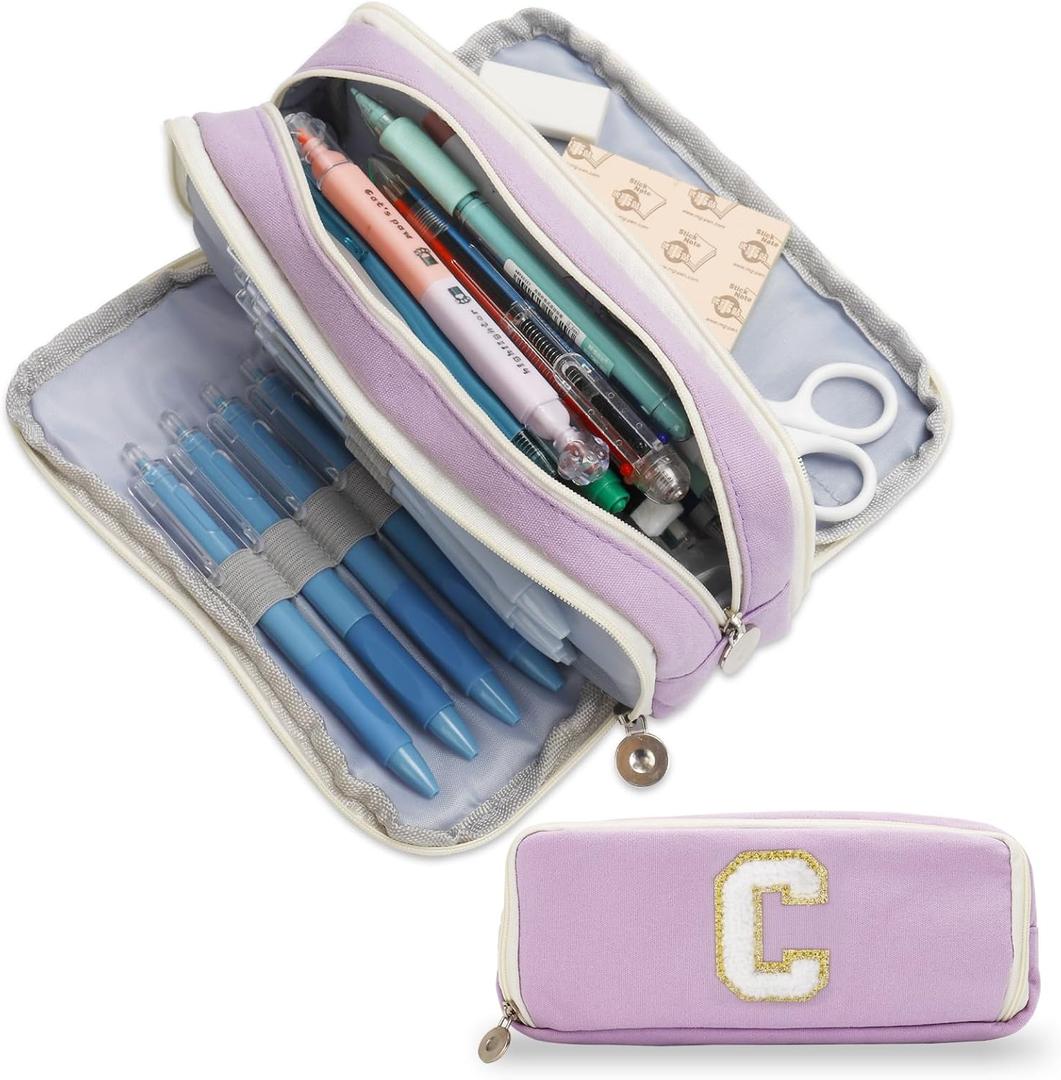 Pencil Case for Girls Women, Initial Pencil Pouch with Zipper, Cute Pencil Bag for School Supplies, Aesthetic Pen Case Box for Kids Teen Girls - C(Purple)