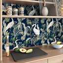 ReWallpaper 17.5in X 39ft Peel and Stick Wallpaper Vintage Dark Botanical Wall Paper Removable Navy White Crane Wallpaper for Bathroom Bedroom Living Room Self Adhesive Renter Friendly Contact Paper