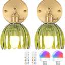 Vintage Battery Operated Wall Sconce with Cute Green Tulip Glass Lampshade Wireless Rechargeable Battery Powered Wall Light with Remote Control for Bedside Bedroom Doorway, Set of 2