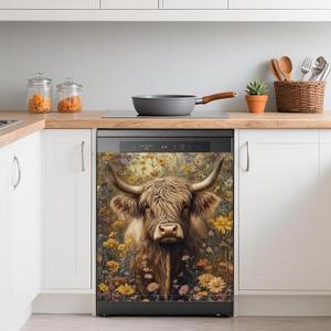 Dishwasher Cover,Highland Cow Reusable Dishwasher Magnet Cover,Decorative Yellow Wildflowers Magnetic Refrigerator Cover Front Panel Cover for Kitchen Decor 23x26 Inch