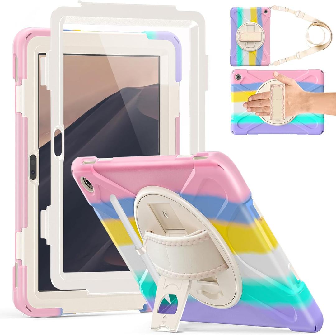 Weuiean Case for 10/10 Plus 13th Generation 10.1" 2023, Military-Grade Heavy-Duty Shockproof Cover with 360 Rotating Stand, Built-in Pencil Holder & Adjustable Hand/Shoulder Strap - Colorful Pink