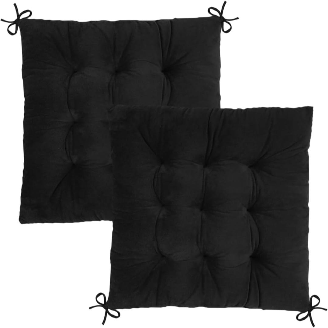 2 Pack Square Seat Cushions - Velvet & Slow-Rebound Foam Chair Pads Chair Pillow Cushion with Anti-Slip Ties for Kitchen, Dining, Office Chairs, Tatami (16"x16", Black)