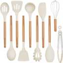 Silicone 10 Pcs Kitchen Cooking Utensils Set, Recycled Materials Certification, BPA Free Spatula Set with Heat Resistant Wood Handles for Nonstick Cookware, Cream White