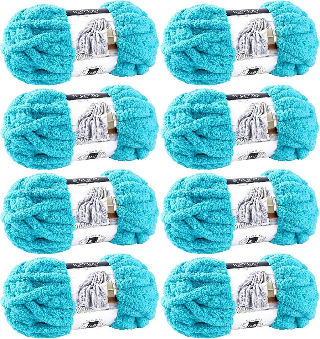 Chunky Chenille Yarn for Hand Knitting 8 Jumbo Pack Jumbo Chunky Yarn for Hand Soft Blanket Knitting, Bulky Thick Fluffy Yarn for Crocheting (Lake Blue)