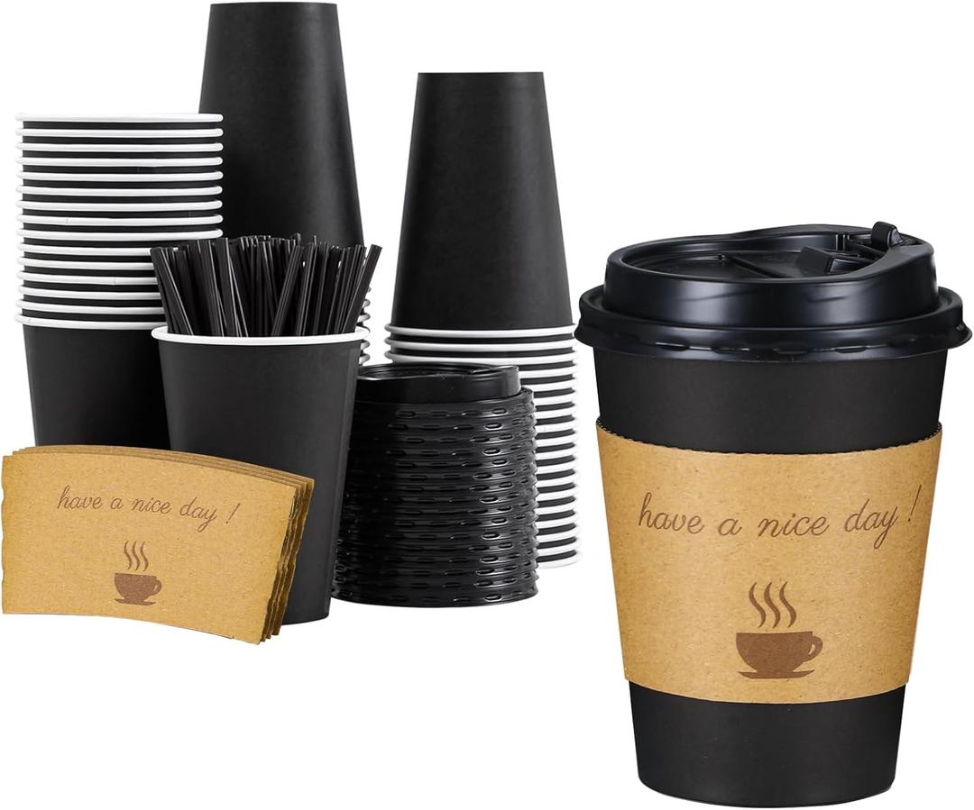 Lamosi 12 oz Disposable Coffee Cups with Lids 50 Pack, Hot Paper To Go Cups with Lids, Stir Sticks and Sleeves, for Home, Travel, Office
