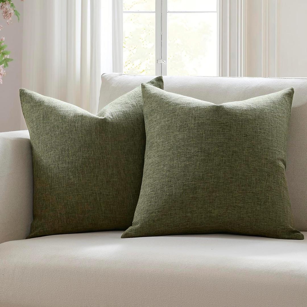Meekio Set of 2 Dark Moss Green Pillow Covers 18x18, Farmhouse Linen Decorative Throw Cushion Covers for Sofa Couch