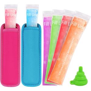50 Disposable Ice Popsicle Mold Bag 2 Popsicle Holder, Freezer Tubes with Dual Zip Seals for Yogurt, Juice&Smoothies Snacks and Ice Pop Neoprene Anti Freezing Sleeves for Kids (Multicolor-5)