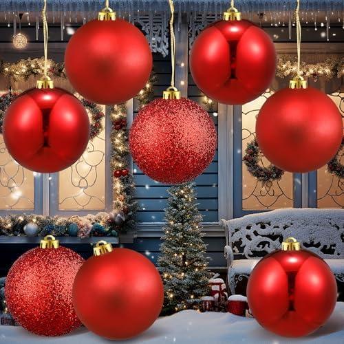 8 Pack Large Christmas Ball Ornaments 6 Inch Jumbo Glitter Hanging Ball Red/Green/White Candy Plastic Giant Oversizded Christmas Ornament for Indoor Outdoor Party Xmas Tree Decor(Classic)