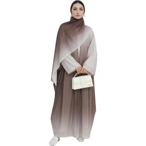 Prlemend Muslim Abaya for Women Gradient Color Cardigan Islamic Flash Robe Prayer Clothes with Hijab (Small, Coffee)
