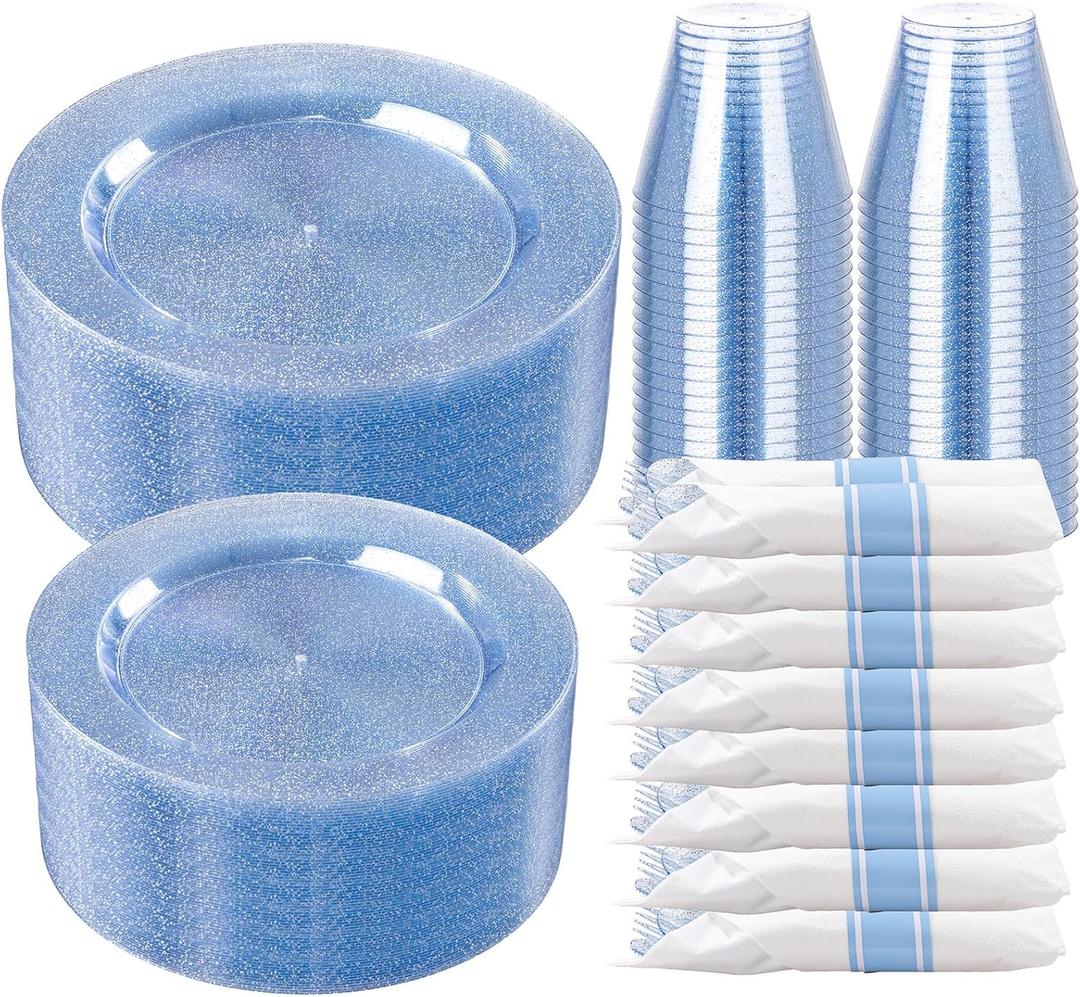DaYammi 350 Pieces Blue Glitter Dinnerware Set 50 Guest for Party- 50 Dinner Plates, 50 Dessert Plates -50 Per Rolled Napkins with Blue Cutlery - 50 Disposable Cups 9 OZ