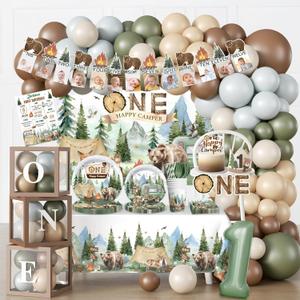 230PCS Camper 1st Birthday Decorations, All-in-1 Supplies Pack, Includes 20 Camper Theme Tableware, Backdrop, High Chair Banner, Tablecloth Balloon Kit for 1st Birthday Party Themes