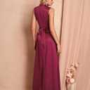 Women Satin Formal Long Dress Elegant Mock Neck Ruched Cocktail Wedding Guest Party Maxi Dress with Belt (Red, L)