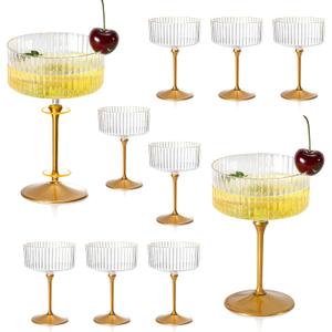 XUWAIDSGN 12 Pcs Champagne Martini Glasses 9 Oz with Gilded Removable Gold Rim Coupe Glasses Pink Martini Glasses Plastic Mimosa Vintage Coupe Glasses Set For Wedding Anniversary (12, Ribbed Gold)