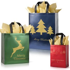 YANGTE 36 Pack Christmas Gift Bags Assorted Sizes With Tissue Paper(12 Extra Large 16", 12 Large 12", 12 Medium 9"), Reusable Red & Green & Blue Unique Designs Christmas Bags with Handle for Xmas