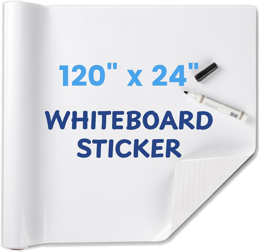 Whiteboard Sticker for Wall, 120" x 24" No Ghosting Peel and Stick Dry Erase White Board Roll, Stain-Proof Self-Adhesive Whiteboard Paper for Home, Office, Classroom