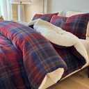 Cyusri Plaid Sherpa Comforter Set 3Pcs Fluffy Warm Fleece Down Alternative, Red Blue Grid Pattern Bedding Set with 2 Pillowcases, Queen Size 90"x90"