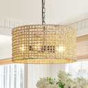 17.7" Rattan Dining Room Light fixtures, 5-Light Hand Woven Pendant Lights Kitchen Island Rattan Boho Chandelier Bohemian Hanging Ceiling Lights Wicker Lighting for Restaurants Living Room, Large