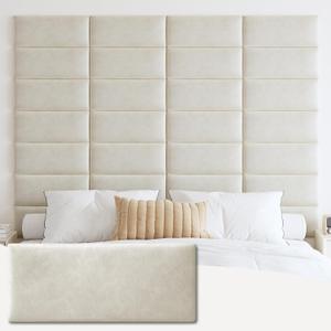 IFNOW Wall Mounted Headboard, Upholstered Leather Headboard Queen/ King Size, Peel and Stick headboard, 3D Soundproof Wall Panels, 12 Packs Panels Size 9.84" x 23.62", Ivory White
