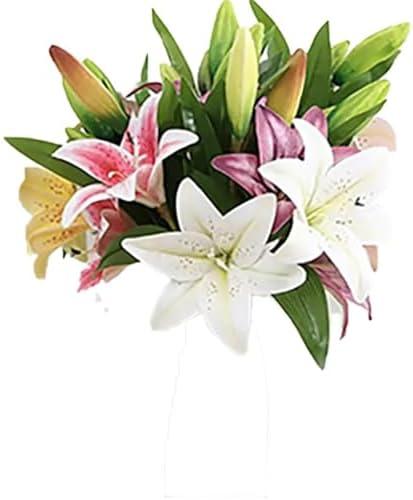 12 Heads Artificial Lily Flowers Fresh Look, Wedding Hotel Party Home Decor Decorative Flowers Bouquet, Lily 8 Heads Full Bloom Lily and 4 Buds Brilliant Color Very Similar to the Natural Flower