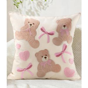 Kokaaee Embroidered Throw Pillow Cover 18x18 Inch  Valentines Decorative Animal Pillow Covers with Zipper for Couch Sofa Bedroom Living Room Cushion Pillowcase, Cute Teddy Bears