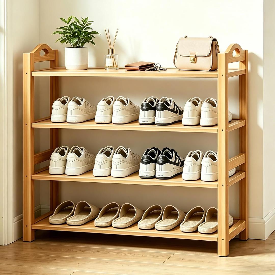 4-Tier Shoe Rack Bamboo Shoe Organizer Free Standing Shoe Storage for Entryway, Closet, Hallway, Bathroom and Living Room, Natural