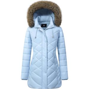 Women's Long Warm Winter Coat Windproof Thickened Fleece Lined Down Jacket Waterproof Puffer Outerwear with Removable Hood, Size S (Light Blue)