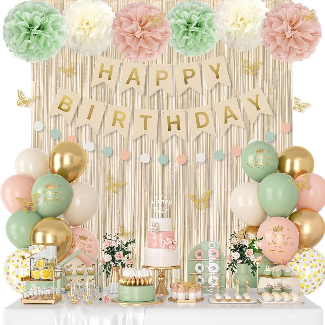 Pink and Sage Green Birthday Decorations for Women Girls, Blush Beige Sand Gold Metallic Printed Balloons Butterfly Stickers Fringe Curtain Happy Birthday Banner Circle Dot Paper Pompom Party Supplies