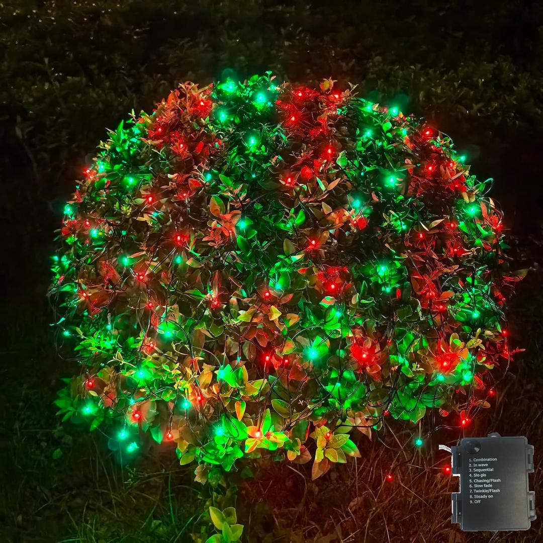 2 PACK Outdoor Garden Light - Waterproof Net Lights, 200 LED Battery Operated Tree String Light with 8 Modes, Mesh Curtain Lights for Garden Patio Yard Christmas Tree and Holiday Decor(Red/Green)