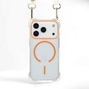 Magnetic for iPhone 17 Pro Max Crossbody Phone Case,Clear/Orange,Clear Magnetic Soft Frame PC Back Shockproof Protective Phone Cover with Adjustable Detachable Lanyard,Compatible with MagSafe