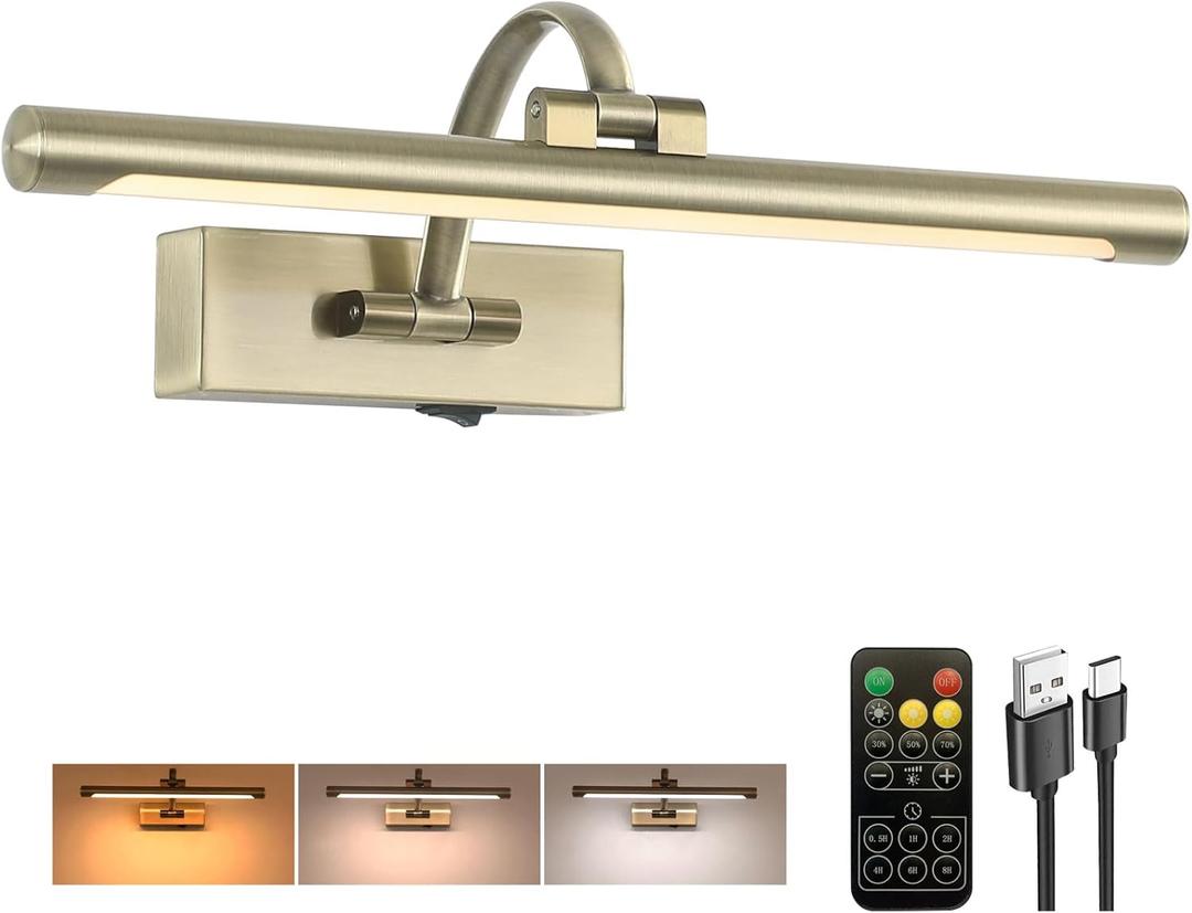 Tassuowell LED Picture Lights for Wall Rechargeable, Battery Operated Art Light for Paintings Wireless,15.7inch Antique Bronze Gallery Light for Artwork