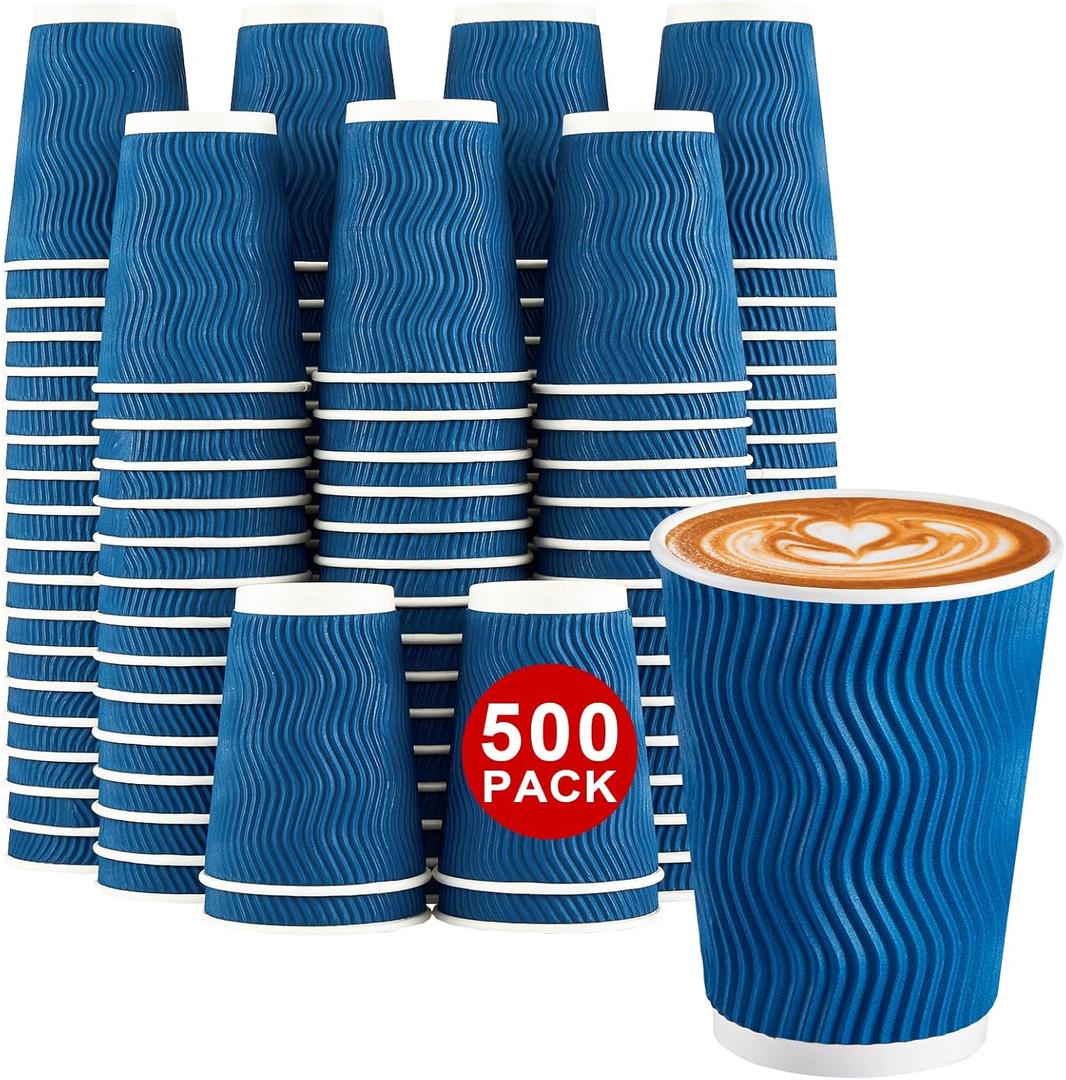 Lamosi 500-Count 12 oz Insulated Paper Coffee Cups Bulk, Disposable Corrugated Cups 12oz, Kraft Ripple Wall Design for Hot Beverage or Cold Drink Office Home Party Travel Cafe (Navy)